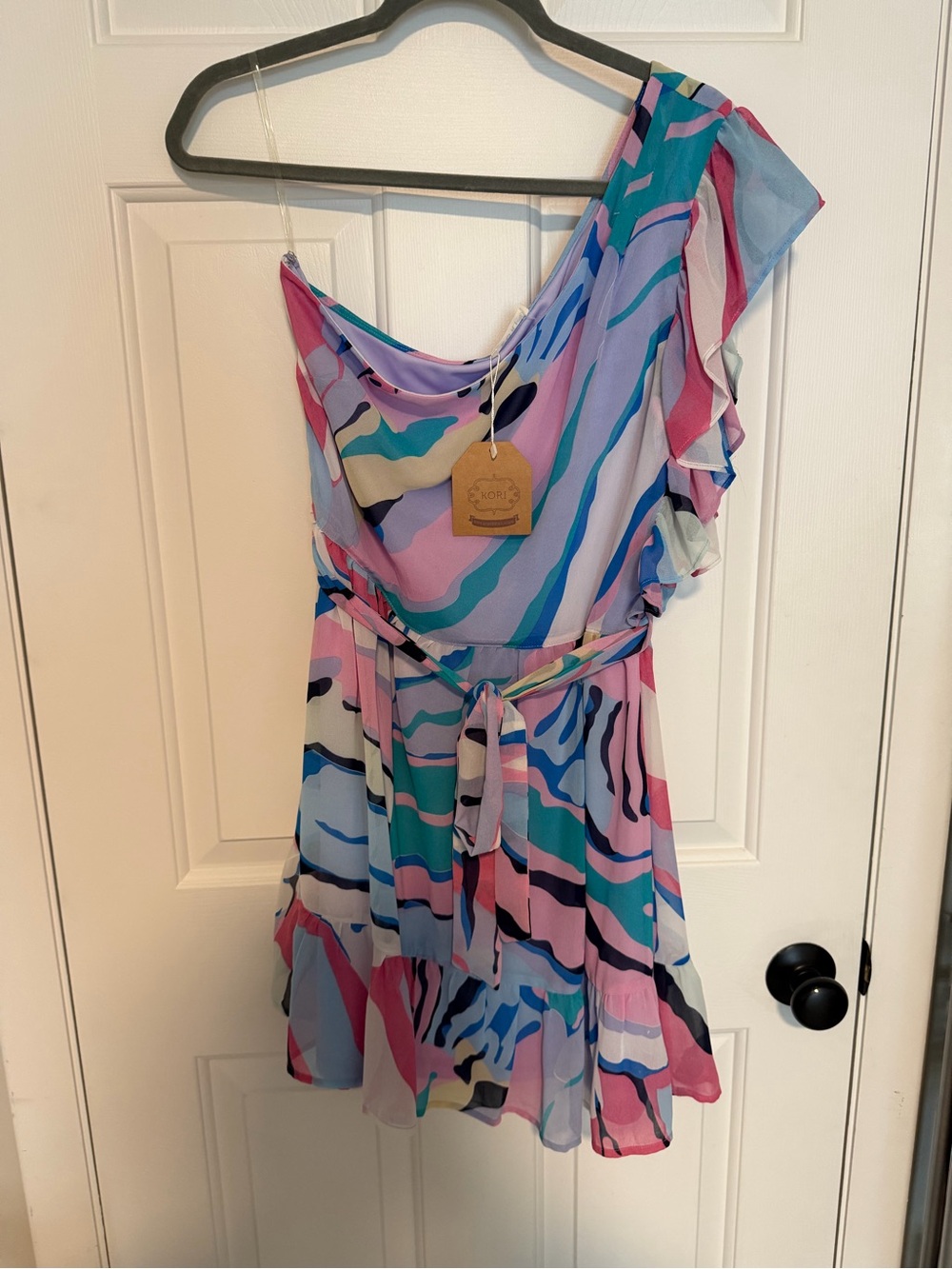 Kori One-Shoulder Multicolor Wave Print Dress